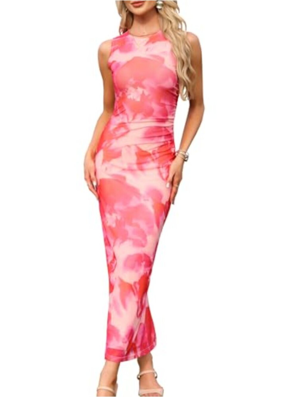 Sleeveless Floral Maxi Bodycon Dress Ruched Stretchy Cocktail